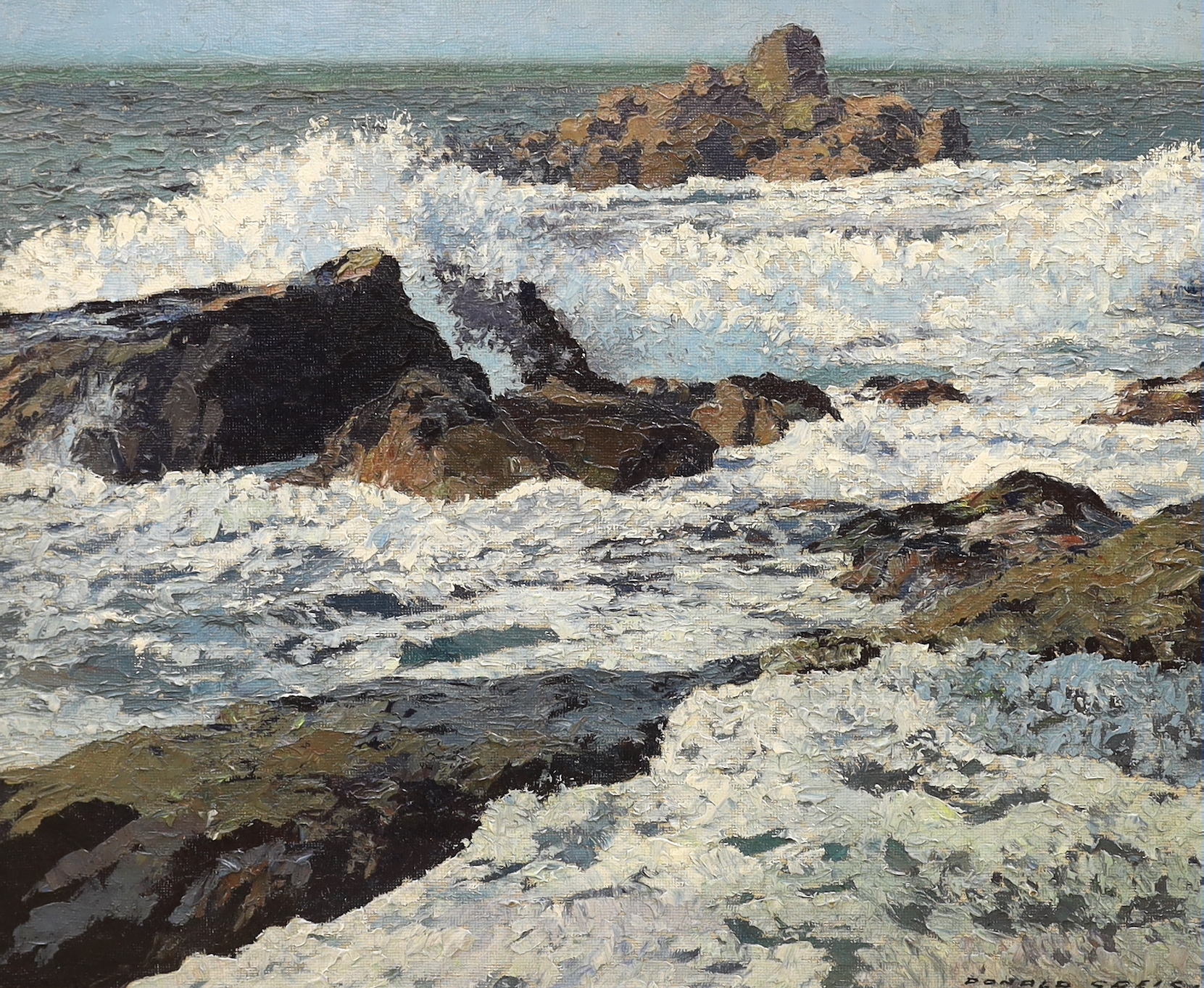 Donald Greig (1916-2009), oil on board, 'Rocks and foam', signed, 48 x 59cm